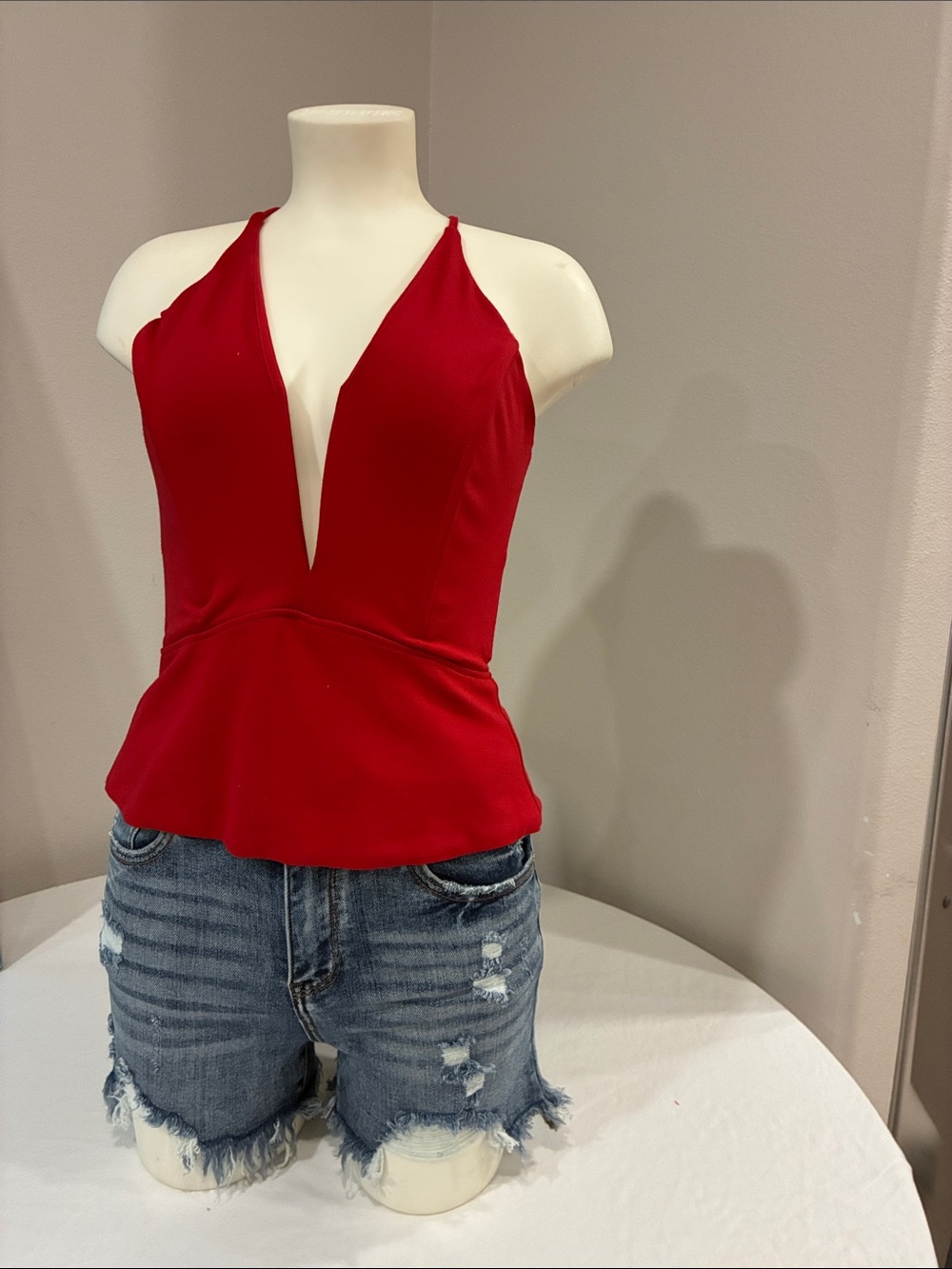 Red Plunging Peplum Halter Top